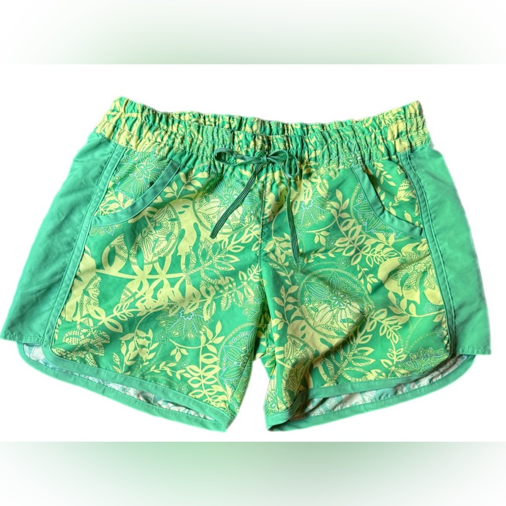 Women's Columbia Green & Yellow Athletic Shorts w/Drawstring Waistband. Size L.